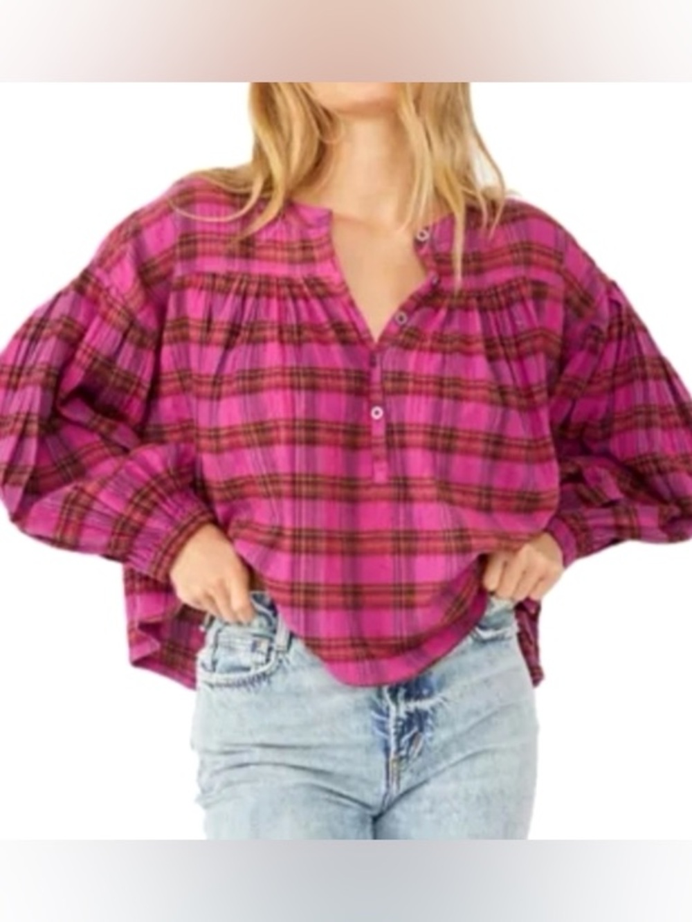 Free People We The Free Jessi Plaid Top in Pink Combo XS
